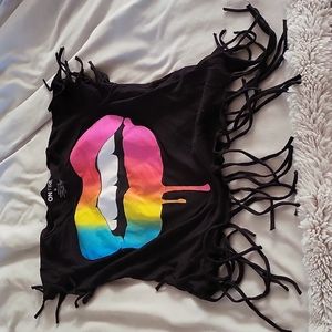 Women's Size Small Tassel Rainbow Lips crop top T-shirt